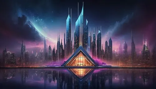 futuristic landscape,futuristic architecture,triangles background,vanu,airazor,cybercity,pyramids,arcology,citadels,areopolis,futuregen,pyramidal,coruscant,ethereum logo,holocron,pyramide,tron,alien world,fantasy city,deltha,Illustration,Realistic Fantasy,Realistic Fantasy 40