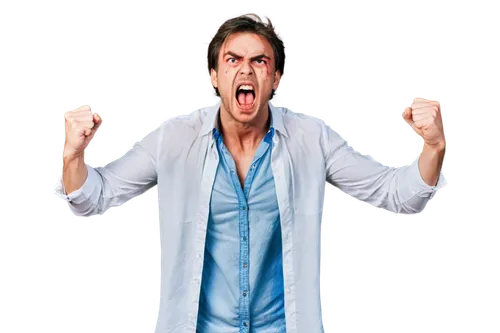 Angry man, screaming, open mouth, sharp teeth, messy brown hair, sweaty forehead, red face, intense eyes, torn white shirt, blue jeans, strong hands clenched into fists, standing, dynamic pose, close-