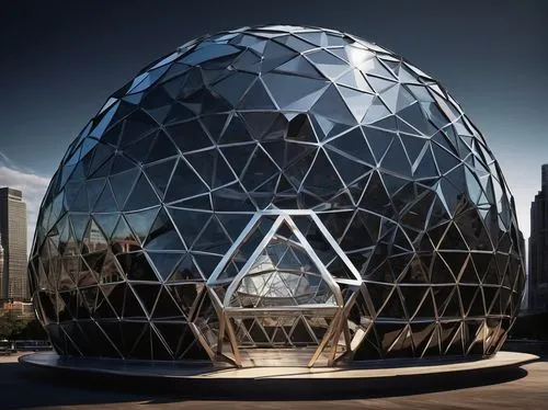 Buckminster Fuller, geodesic dome, futuristic, innovative, complex structure, intricate patterns, interconnected triangles, shiny metal surface, reflective material, symmetrical composition, 3/4 view,