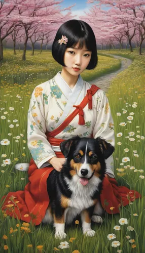 girl with dog,japanese terrier,hanbok,plum blossom,chinese imperial dog,oriental painting,plum blossoms,japanese art,chinese art,boy and dog,geisha girl,japanese floral background,oriental girl,geisha,shirakami-sanchi,peach blossom,japanese woman,tibet terrier,the japanese doll,asian woman,Illustration,Realistic Fantasy,Realistic Fantasy 08