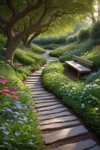 pathway,wooden path,garden bench,forest path,tree lined path,nature garden,tunnel of plants,to the garden,the mystical path,wooden bench,the path,towards the garden,winding steps,path,flower garden,walkway,pathways,garden of eden,hiking path,plant tunnel,Illustration,Retro,Retro 03