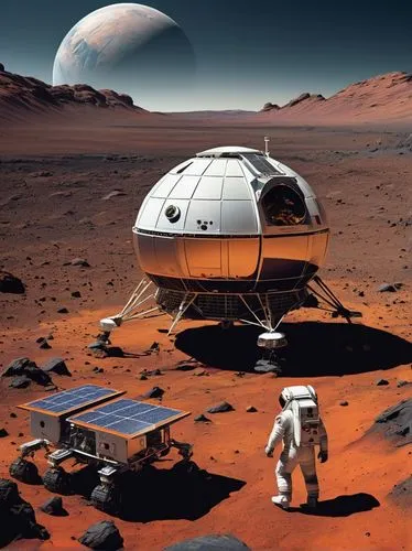 Futuristic space station, NASA Mars colony, spherical habitat module, metallic silver surface, solar panels, antennae, communication arrays, Mars terrain background, rocky red landscape, distant Olymp