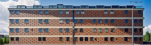 3d building view,a tall brown building sitting next to a large white flag,rikshospitalet,appartment building,plattenbau,arkitekter,newbuilding,karolinska,hettel,multistorey,rijksakademie,kerava,proges