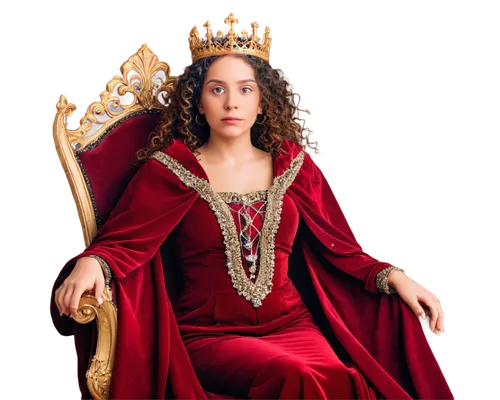 Queen, crown, luxurious dress, golden jewelry, red velvet cloak, ornate throne, regal posture, confident expression, soft focus, warm lighting, shallow depth of field, cinematic composition, high-end 