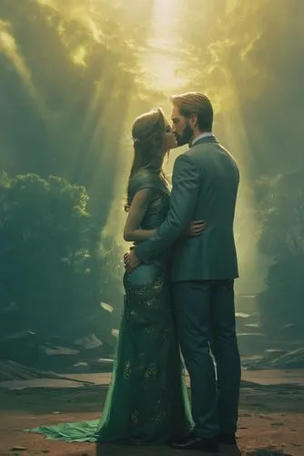 a man and woman are standing together in the sunbeam,saawariya,romantic scene,golden weddings,rajamouli,shannara,tropico,Illustration,American Style,American Style 01