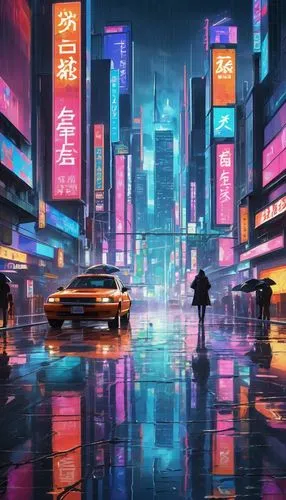 Pono graphic, digital illustration, futuristic cityscape, neon lights, skyscraper, Tokyo style, bustling streets, holographic advertisements, giant screens, cyberpunk atmosphere, rainy night, reflecti