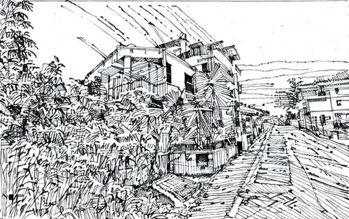 a drawing of some buildings with trees in the background,soller,townscape,overdrawing,triplicane,pigna,pelion,Design Sketch,Design Sketch,Hand-drawn Line Art