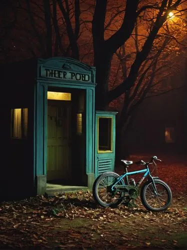 telephone booth,phone booth,bicycle lighting,payphone,tardis,pay phone,bike lamp,conceptual photography,courier box,outhouse,sheds,bicycle,petrol pump,blue door,parked bike,photo session at night,letter box,bicycles,digital compositing,bicycle ride,Photography,Documentary Photography,Documentary Photography 28