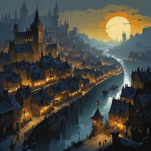 medieval town,fantasy city,night scene,city at night,fantasy picture,townsmen,ravenloft,world digital painting,darktown,city moat,neverwinter,fantasy landscape,charles bridge,hamelin,schuitema,fantasy art,schuiten,winter night,riftwar,hogwarts,Conceptual Art,Sci-Fi,Sci-Fi 01