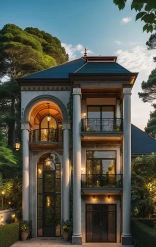 A classical house with Warm lights surrounded by greens,Classical Villa,luxury home,luxury property,mansion,villa balbianello,villa d'este,luxury real estate,Photography,General,Realistic