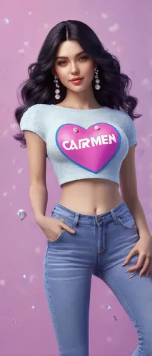 Median sizebody lady, skin white, MEDIUM black hair,crop top and jeans ,and , blue and purple tones on the name "" CARMEN "" hearts, diamonds, pearls, illustration, 3d render, photo, realistic, anime,