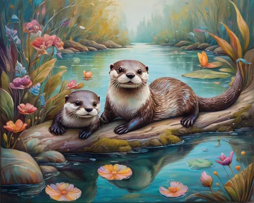 otters,otter,otterbaby,otter baby,sea otter,north american river otter,aquatic mammal,oil painting on canvas,mustelidae,seals,whimsical animals,pygmy sloth,oil on canvas,oil painting,sea lions,aquarium inhabitants,cute animals,marine mammals,anthropomorphized animals,sea mammals,Illustration,Abstract Fantasy,Abstract Fantasy 11