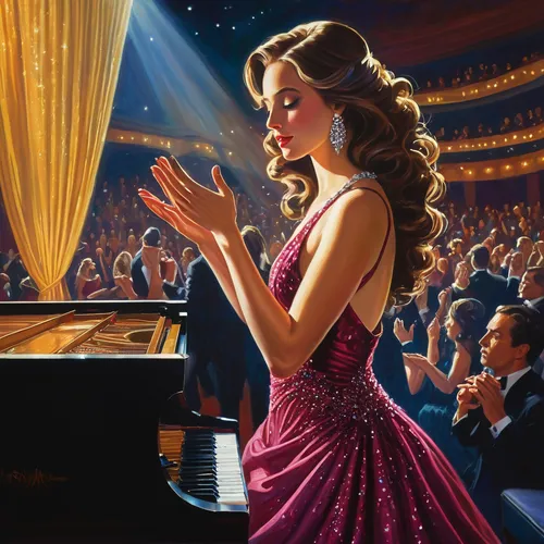 pianist,piano player,concerto for piano,serenade,jazz singer,piano,piano lesson,jazz pianist,the piano,play piano,woman playing,steinway,recital,musician,piano bar,lights serenade,musical background,classical,philharmonic orchestra,blues and jazz singer,Illustration,Retro,Retro 14