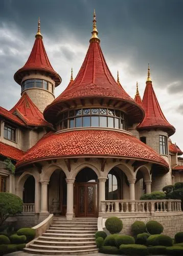 fairy tale castle,fairytale castle,magic castle,gold castle,roof domes,istana,grand master's palace,whipped cream castle,dragon palace hotel,gramado,mcmansion,house of the sea,chateau,frederic church,crown palace,mansion,turreted,palatial,disney castle,architectural style,Illustration,Japanese style,Japanese Style 20