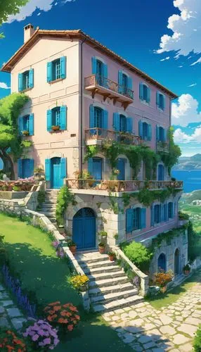 cliffside,seaside resort,apartment complex,portofino,apartment building,butka,apartment house,home landscape,miramare,dreamhouse,house by the water,sky apartment,ghibli,shorefront,beachfront,machico,oceanfront,auberge,casabella,seaside country,Illustration,Japanese style,Japanese Style 03