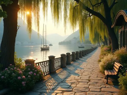 lake como,hallstatt,cryengine,lake garda,lake annecy,annecy,lake geneva,riverside,lake lucerne,spiez,montreux,walkway,novigrad,waterfront,ascona,lake thun,house by the water,beauty scene,towpath,landscape background,Photography,General,Realistic