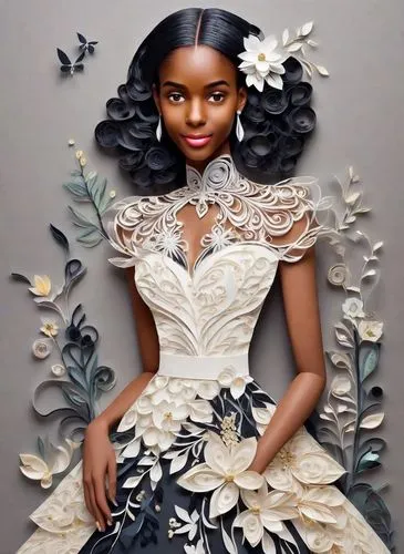 Beautiful black woman with a dress made of paper, paper quilling, highly detailed, Catrin Walz-Stein, complex background, flowers 
,fashion illustration,beautiful african american women,african americ