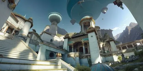 a view from the ground at some type of building,theed,fractal environment,arenanet,white temple,photosphere,graecorum,westfall,bioshock,shambhala,calydonian,paladares,physx,sansar,kondos,wildstar,360 