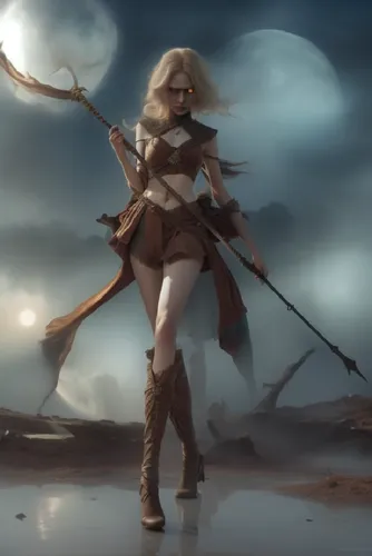 A women with her hair flowing
,a woman in boots and dress holding a stick,ciri,janna,cirta,sandahl,female warrior,rafaela