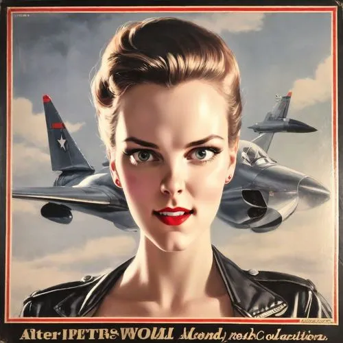 Пин-ап Девушка. A vintage advertisement for a Revell 1950s model kit featuring a sleek silver chrome 1950s USAF Jet Fighter, ready for assembly. The weathered poster boasts the bold yellow Revell bran