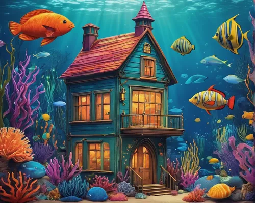 house of the sea,underwater background,aquarium,aquarium decor,under sea,under the sea,underwater playground,fisherman's house,underwater landscape,fish tank,ocean underwater,underwater world,cartoon video game background,3d fantasy,cottage,children's background,aquarium inhabitants,coral reef,house with lake,aqua studio,Illustration,Black and White,Black and White 29