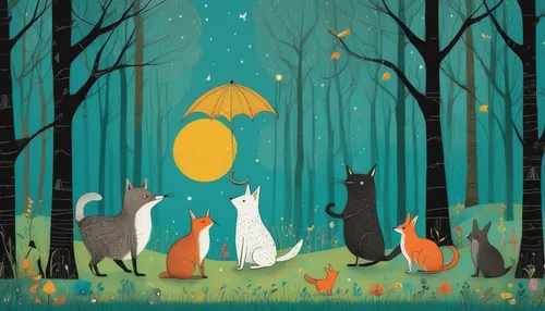 rain cats and dogs,forest animals,woodland animals,fall animals,fox in the rain,whimsical animals,cartoon forest,autumn forest,halloween illustration,fox stacked animals,flock of chickens,halloween background,deer illustration,animal silhouettes,dog illustration,forest background,autumn theme,foxes,flock of birds,squirrels,Art,Artistic Painting,Artistic Painting 49