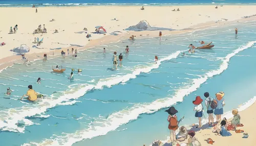 people on beach,beach landscape,dream beach,copacabana,beach goers,beach scenery,bondi beach,brazilian beach,strand,sandy beach,sea beach,bondi,summer beach umbrellas,most beach,white sand,seaside,lover's beach,paradise beach,white sandy beach,waikiki beach,Illustration,Japanese style,Japanese Style 14