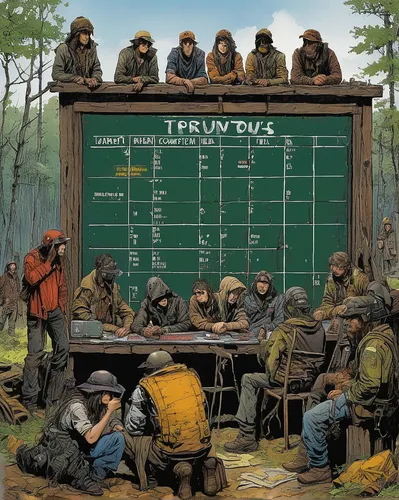 In a post-apocalyptic world, depict a group of survivors gathering around a makeshift scoreboard to keep track of their annual KHSAA trivia competition.,germanic tribes,forest workers,neanderthals,the