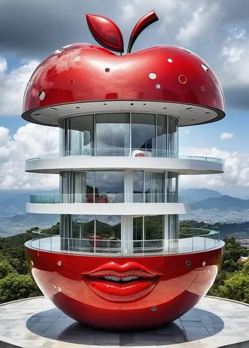 only big red lips, white background,  apple format  house with big windows in the clouds, jigsaw puzzle, mosaic fading grey colors , birds, balcony, raining, ying and yang spin and twist,,home of appl