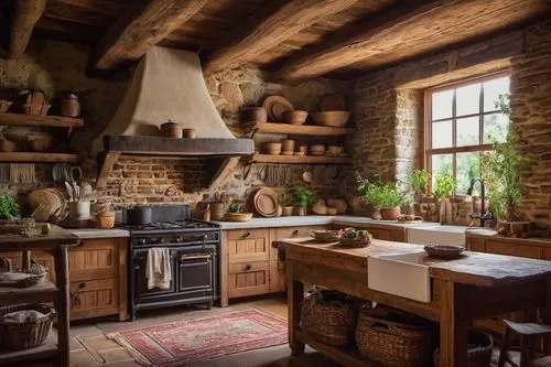 vintage kitchen,victorian kitchen,kitchen interior,the kitchen,rustic aesthetic,kitchen,rustic,tile kitchen,country cottage,big kitchen,kitchens,stone oven,wood stove,cucina,chefs kitchen,woodstove,kitchen design,inglenook,cocina,provencal life,Illustration,Realistic Fantasy,Realistic Fantasy 08