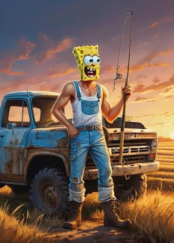 pubg mascot,sponge bob,minion tim,house of sponge bob,homer simpsons,pubg,pubg mobile,fortnite,homer,sponge,new vehicle,simson,farmer,farm background,pickaxe,minion,bob,april fools day background,barnyard,game art,Conceptual Art,Oil color,Oil Color 24