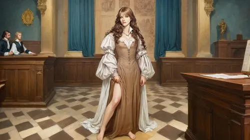 classicism painting: (female defendant, long dress, barefoot), inside 17th century courtroom,justitia,lady justice,nunnally,belldandy,noblewoman,clergywoman,goddess of justice,courtroom,dressup,a floo