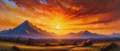 fantasy landscape,mountain sunrise,fire mountain,volcanic landscape,sundering,landscape background,sunburst background,world digital painting,fantasy picture,mountain landscape,senja,sunstorm,alpine landscape,tirith,mountain scene,fire in the mountains,silmarillion,burning earth,jrr tolkien,asheron,Art,Classical Oil Painting,Classical Oil Painting 16