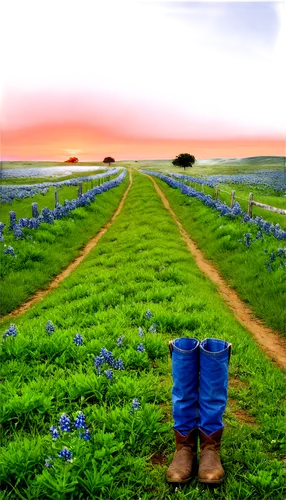 Lone Star State, Texas landscape, vast open plains, bluebonnet flowers, rolling hills, rustic wooden fence, old worn boots, cowboy hat, denim jeans, plaid shirt, sunset warm lighting, panoramic view, 