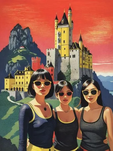 Asian tourist girls in front of Lichtenstein Castle.,a painting of three girls standing next to each other,chicanas,asiaticas,travel poster,meninas,cholas,moc chau hill,Illustration,Vector,Vector 03