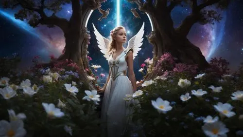 Noah's Ark, many  trees, flowers, the Andromeda nebula, a young angel girl with white wings,a girl is standing near flowers in the forest,faerie,fantasy picture,archangels,faery,galadriel,fairy queen