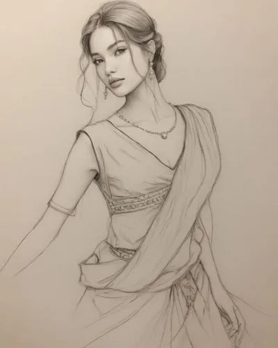 pencil drawing of a woman in dress,inara,kathak,mandodari,draupadi,girl in a long dress,radha,Photography,Documentary Photography,Documentary Photography 19