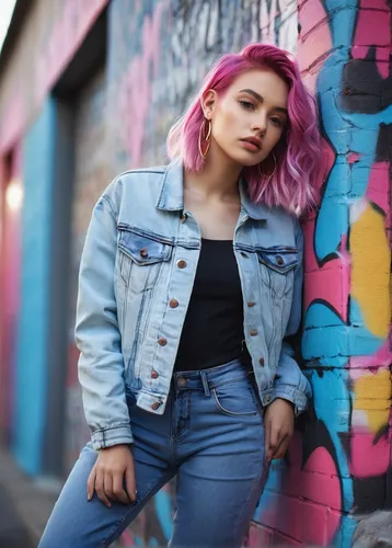 pink hair,denim background,denim jacket,colorful background,pink background,jeans background,blue hair,jean jacket,denim,grunge,portrait background,girl in overalls,punk,colorful,denim jeans,concrete background,denim shapes,hip rose,bolero jacket,pink beauty,Illustration,Realistic Fantasy,Realistic Fantasy 17