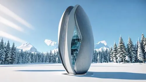 Futuristic abstract structure in the middle of tall snowy mountains peaks surrounded by tall coniferous trees. Realistic 3d Render lumion style with perfect lighting and realism ,snow ring,stargate,fu