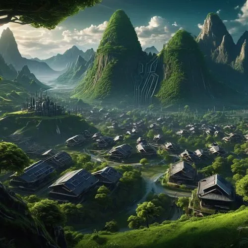 terraformed,ecotopia,mountain village,mountainous landscape,yangshao,fantasy landscape,green valley,futuristic landscape,mountain settlement,karst landscape,elves country,guizhou,ancient city,shaoshan,japan landscape,haicang,guilin,yavin,japanese mountains,mountain valley,Conceptual Art,Sci-Fi,Sci-Fi 09