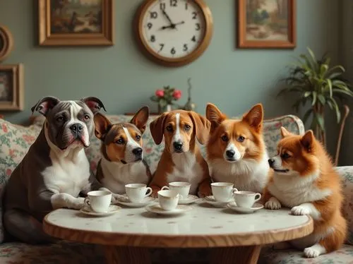 American Bully with cropped ears, beagle, chocolate Labrador, Welsh corgi. they are sitting at a table and drinking tea from porcelain cups. The clock on the wall shows noon. Alice in Wonderland style