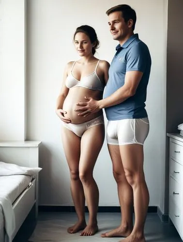 a man stands next to a pregnant woman in her underwear,a young man standing next to a pregnant woman,pregnant women,prenatal,pregnant woman,expecting,maternity,pregnancy