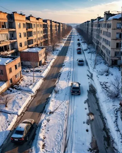 a road landscape with cracks, abandoned cars, snowy, a group of 24-year-old girls and a 24-year-old boy, walking along the road, with an apartment in the background, ultra realistic HD photo,a snowy c