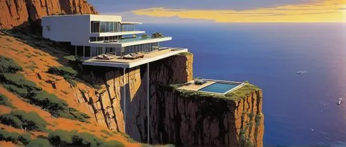 Located on the edge of a cliff lies a villa for a villain. Integrated a rugged landscape overlooking an empty vastness. isolated location. James Bond style movie setting.,Cliffside Villa,malaparte,ama