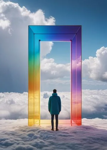 an individual standing in a rainbow colored rectangle that is in the clouds, in the style of filip hodas, realistic usage of light and color, 20 megapixels, translucent planes, jonathan wolstenholme, 