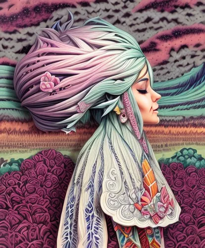 psychedelic art,boho art,kimono fabric,oriental princess,headscarf,rapunzel,boho,oriental girl,colored pencils,tapestry,unicorn art,coloured pencils,color pencils,boho background,turban,colour pencils,fantasy portrait,gypsy soul,psychedelic,surrealistic,Calligraphy,Illustration,Psychedelic Illustrations