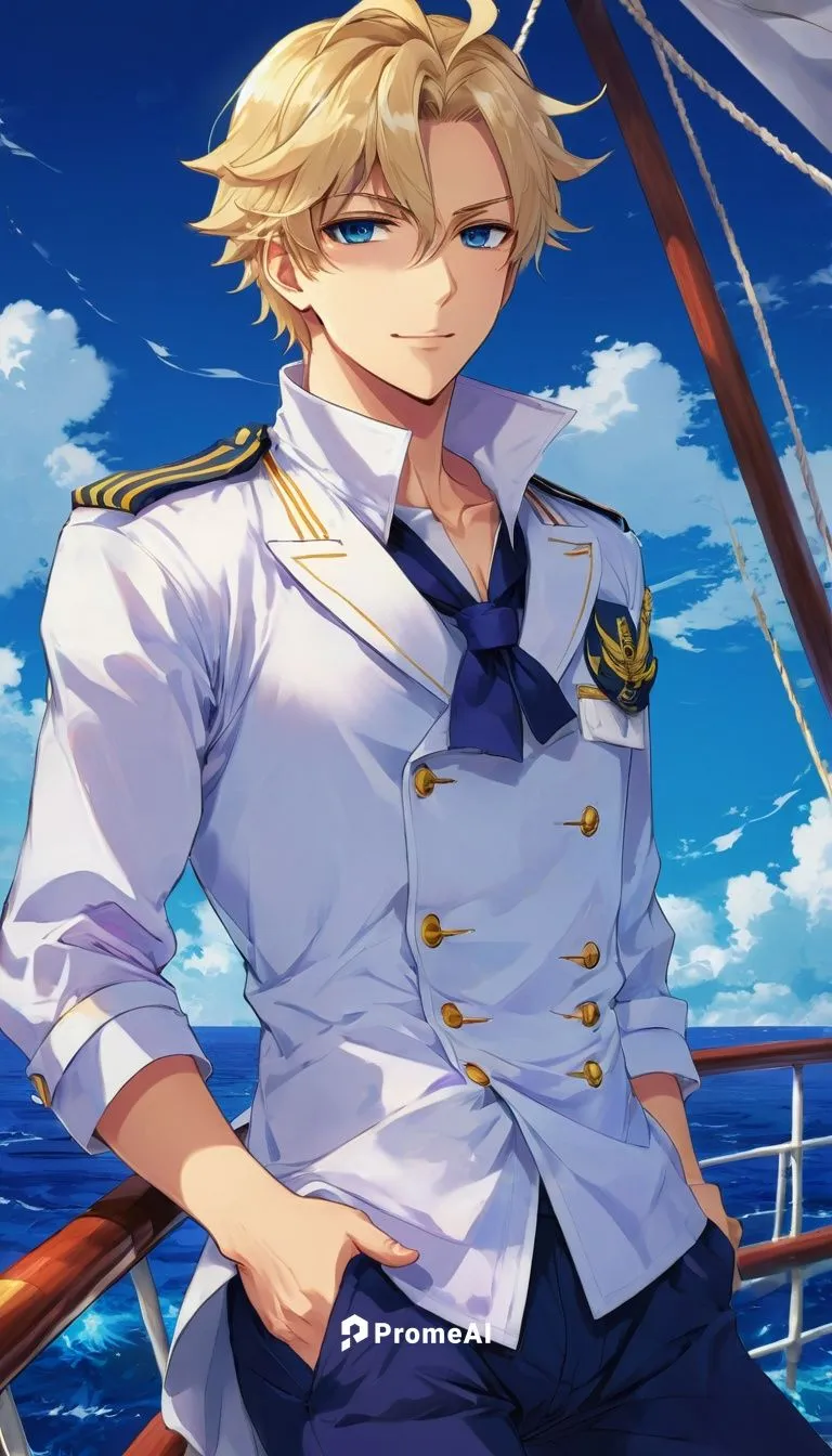 A handsome sailor with short messy blonde hair, in costume was relaxing on a ship on the high seas. He wears a sailor uniform, consisting of medium blue pants, a navy blue shirt and a white sailor's o