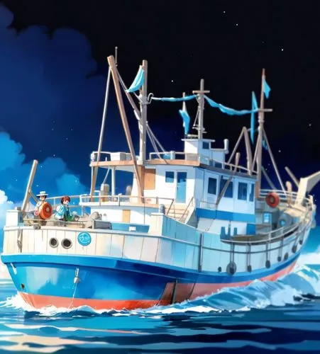 a drawing of a boat in the middle of the water,trawler,fishing vessel,commercial fishing,fishing boat,trawlers,shikara,Anime,Anime,Realistic