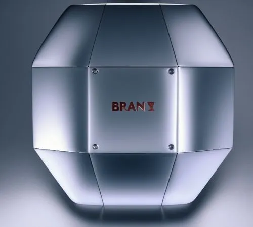 the head of a shiny metal item with an advert on it,brainlab,brane,ball cube,beamwidth,biaxial,allspark,Photography,General,Realistic