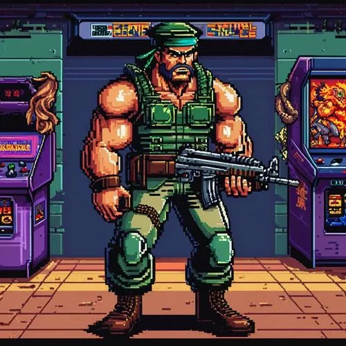 Pixel Art， game Scene,contra,daikatana,shopkeeper,shatterhand,rambo,krang,guile,commando,barret,snes,punchout,rebgun,grimjack,plissken,haggar,mercenario,bisley,katarn,dredd,mercenary